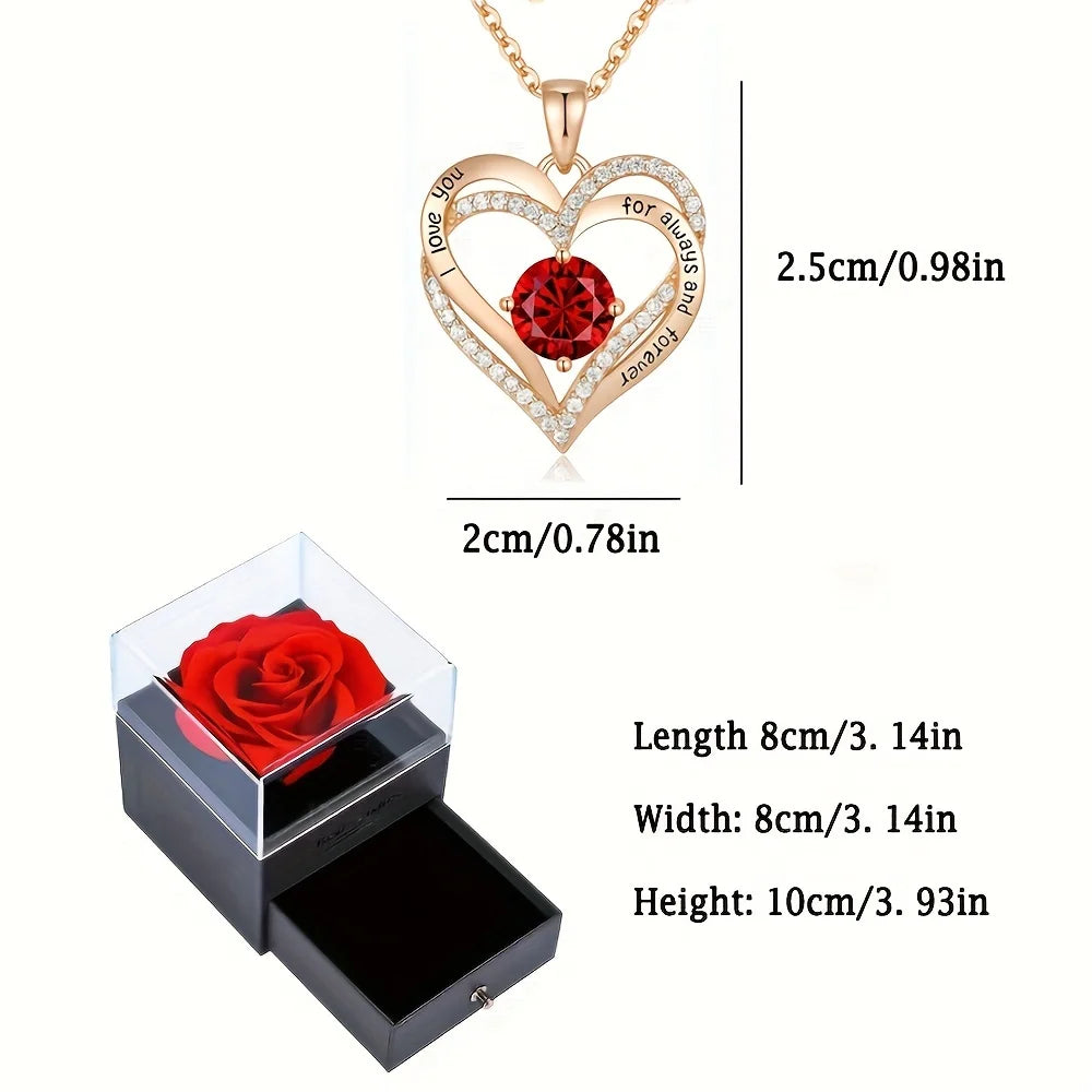Luxury Red Zircon Pendant Necklace With Rose Flower Gift Box