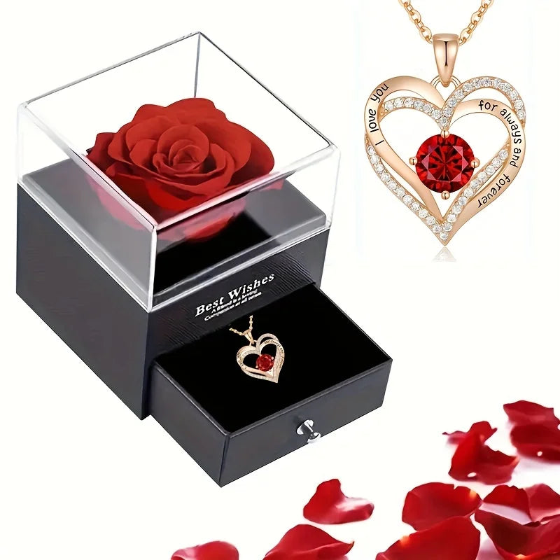 Luxury Red Zircon Pendant Necklace With Rose Flower Gift Box