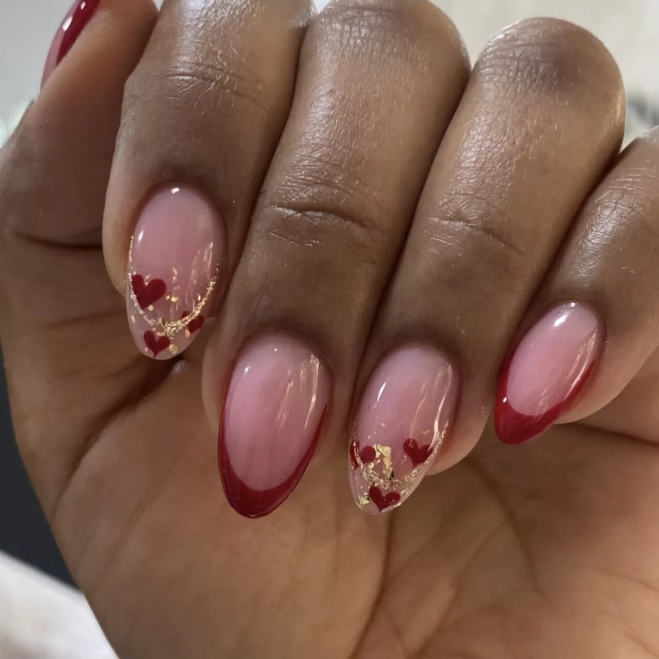 24pcs False Almond shaped Nails Patches Detachable Nail Tips with Bowknots & Love Heart Pearl Design