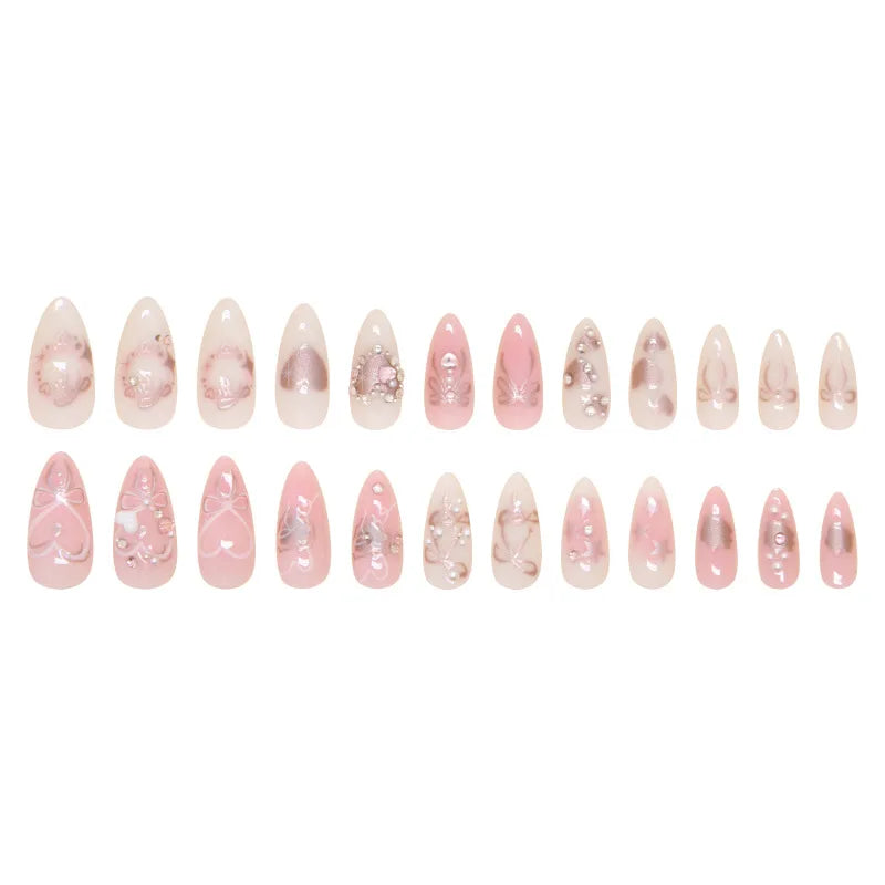 24pcs False Almond shaped Nails Patches Detachable Nail Tips with Bowknots & Love Heart Pearl Design