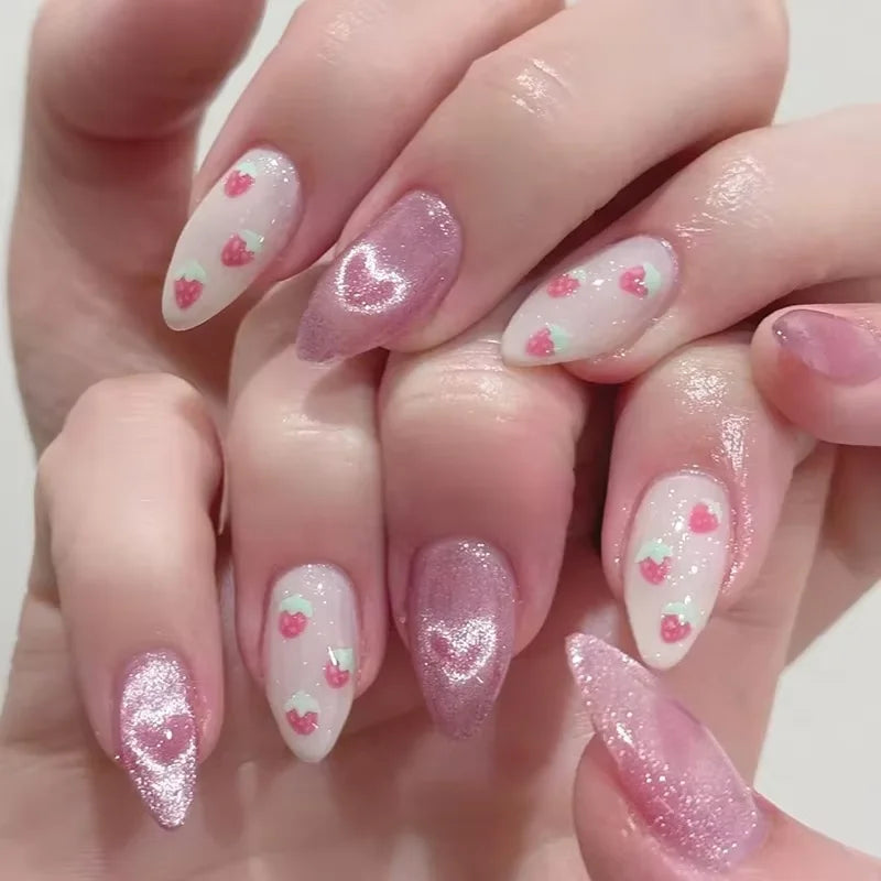 24pcs False Almond shaped Nails Patches Detachable Nail Tips with Bowknots & Love Heart Pearl Design